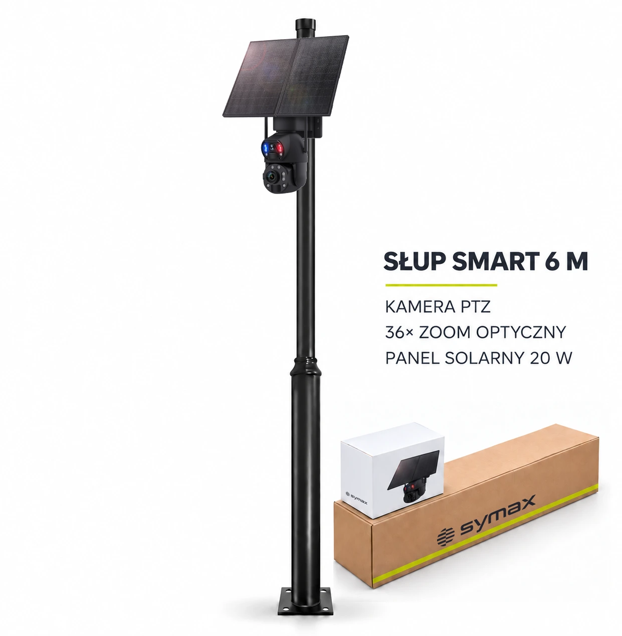 Słup Smart 6 m z kamerą Dual Vision, panelem solarnym i opakowaniami SYMAX — wizualizacja poglądowa